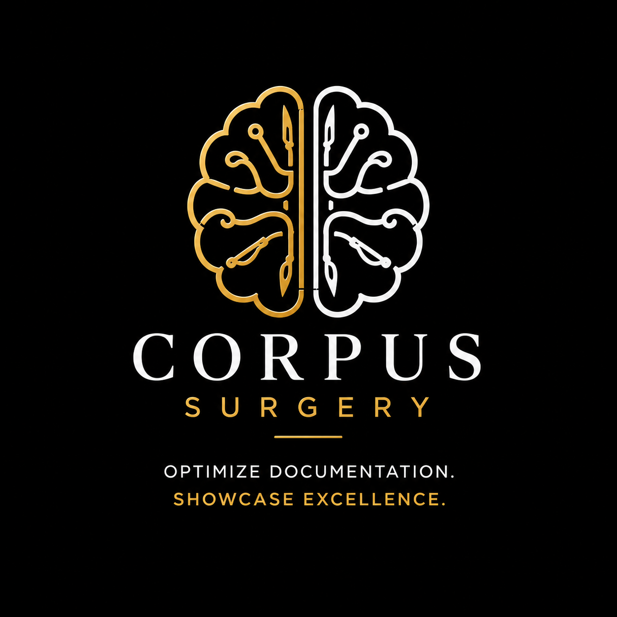 Corpus Surgery — split-hemisphere brain mark with surgical instruments drawn into the gyri